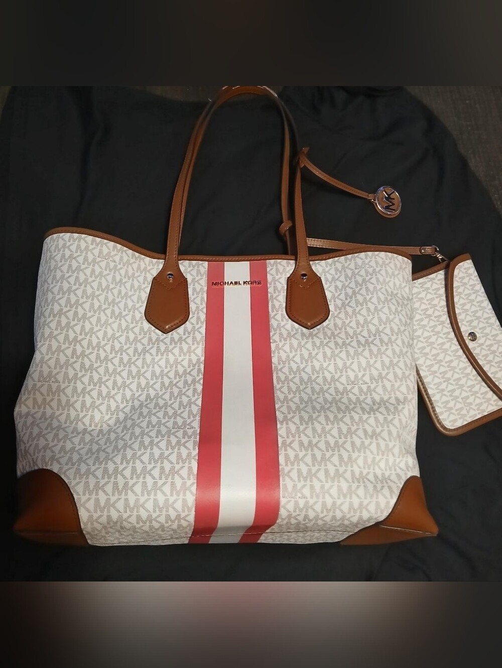 Michael Kors White Tote with Red Stripe and Tan Trim